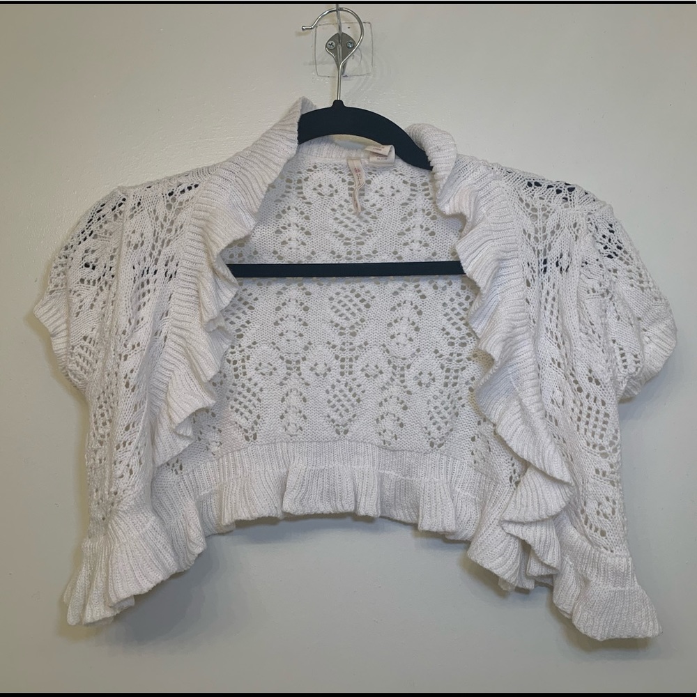 White Crochet Cropped Short Sleeve Sweater
